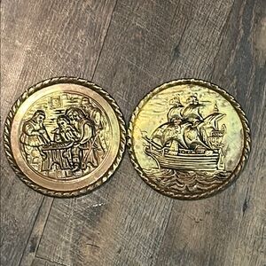 2 Vintage Peerage 6.25" Brass Wall Plate - Viking Ship & - Made‎ in England